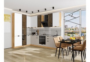 Кухонный гарнитур Евро Лайн-07 Белый/Агат, Дуб Вотан 200/300 см, столешница Снежный мрамор, со стеклянными полками
