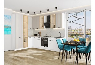 Кухонный гарнитур Евро Лайн-07 Агат/Белый, Белый 200/300 см, столешница Пирит светлый, со стеклянными полками