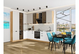 Кухонный гарнитур Евро Лайн-07 Агат/Белый, Дуб Вотан 200/300 см, столешница Пирит светлый, со стеклянными полками