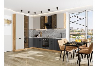 Кухонный гарнитур Евро Лайн-07 Агат/Антрацит, Дуб Вотан 200/300 см, столешница Снежный мрамор, со стеклянными полками