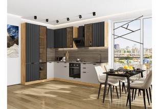 Кухонный гарнитур Евро Лайн-07 Антрацит/Агат, Дуб Вотан 200/300 см, столешница Дуб табак, со стеклянными полками