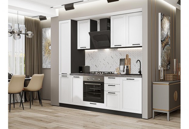 Кухонный гарнитур Нео-02 White Silk, Graphite 230 см, столешница Мрамор серый