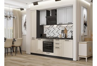 Кухонный гарнитур Нео-02 Grey Silk/Cream Silk, Graphite 230 см, столешница Кварцит Неро