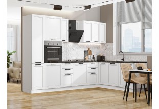 Кухонный гарнитур Нео-03 White Silk, Белый 300/210 см, столешница Кварцит Неро