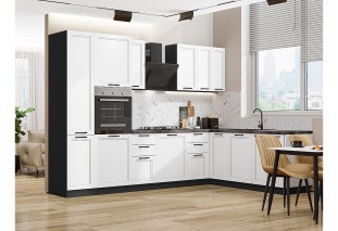 Кухонный гарнитур Нео-03 White Silk, Graphite 300/210 см, столешница Черный детройт