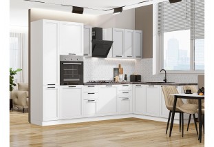 Кухонный гарнитур Нео-03 Grey Silk/White Silk, Белый 300/210 см, столешница Мрамор серый