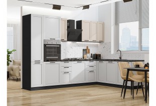 Кухонный гарнитур Нео-03 Cream Silk/Grey Silk, Graphite 300/210 см, столешница Кварцит Неро