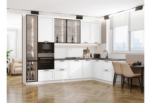 Кухонный гарнитур Нео-04 White Silk, Белый 320/180 см, столешница Мрамор серый, со стеклянными полками