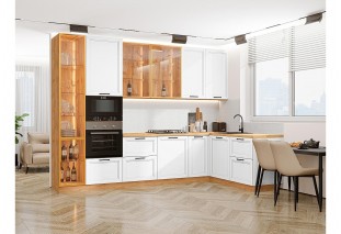 Кухонный гарнитур Нео-04 White Silk, Дуб Вотан 320/180 см, столешница Дуб сонома, со стеклянными полками