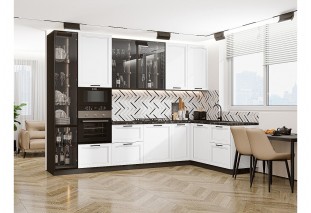 Кухонный гарнитур Нео-04 White Silk, Graphite 320/180 см, столешница Кварцит Неро, со стеклянными полками