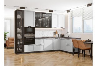 Кухонный гарнитур Нео-04 White Silk/Grey Silk, Graphite 320/180 см, столешница Мрамор серый, со стеклянными полками