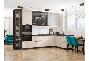 Кухонный гарнитур Нео-04 Grey Silk/Cream Silk, Graphite 320/180 см, столешница Мрамор черный, со стеклянными полками