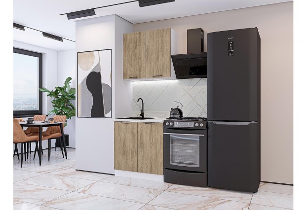 Кухонный гарнитур Флэт-03 Natural Casella Oak 2S, Белый 80 см, столешница Пирит светлый
