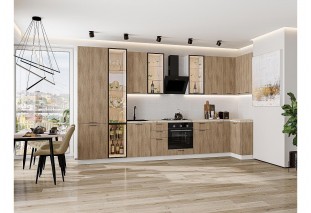 Кухонный гарнитур Флэт-05 Natural Casella Oak 2S, Белый 400/100 см, столешница Мрамор альпийский, со стеклянными полками