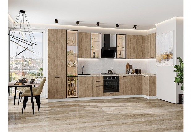Кухонный гарнитур Флэт-05 Natural Casella Oak 2S, Белый 400/100 см, столешница Мрамор альпийский, со стеклянными полками