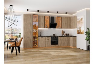 Кухонный гарнитур Флэт-05 Natural Casella Oak 2S, Дуб Вотан 400/100 см, столешница Кварцит Неро, со стеклянными полками