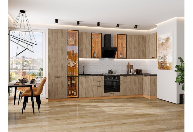 Кухонный гарнитур Флэт-05 Natural Casella Oak 2S, Дуб Вотан 400/100 см, столешница Кварцит Неро, со стеклянными полками