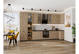 Кухонный гарнитур Флэт-05 Natural Casella Oak 2S, Graphite 400/100 см, столешница Кварцит Неро, со стеклянными полками
