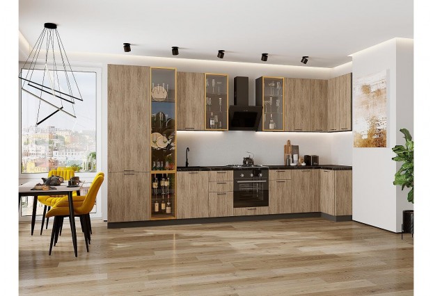 Кухонный гарнитур Флэт-05 Natural Casella Oak 2S, Graphite 400/100 см, столешница Кварцит Неро, со стеклянными полками