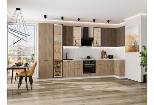 Кухонный гарнитур Флэт-05 Brown Casella Oak 2S/Natural Casella Oak 2S, Белый 400/100 см, столешница Антарес, со стеклянными полками