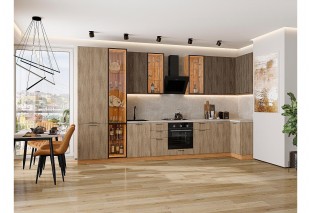 Кухонный гарнитур Флэт-05 Brown Casella Oak 2S/Natural Casella Oak 2S, Дуб Вотан 400/100 см, столешница Кварц белый, со стеклянными полками