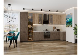 Кухонный гарнитур Флэт-05 Natural Casella Oak 2S/Brown Casella Oak 2S, Graphite 400/100 см, столешница Пирит светлый, со стеклянными полками