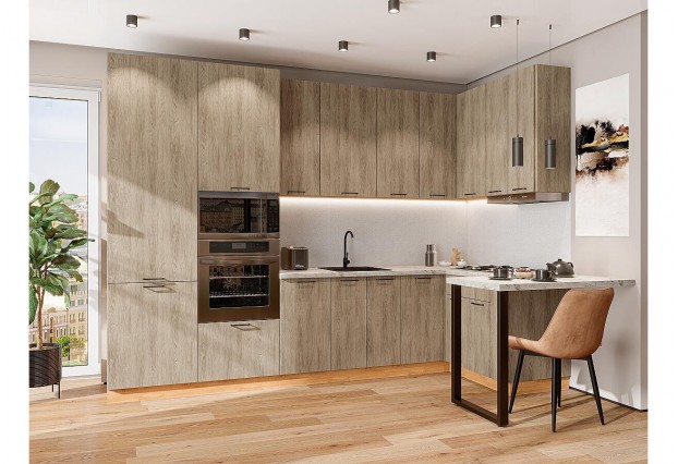 Кухонный гарнитур Флэт-06 Natural Casella Oak 2S, Дуб Вотан 320/135 см, столешница Мрамор альпийский
