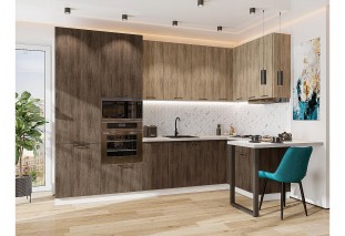 Кухонный гарнитур Флэт-06 Natural Casella Oak 2S/Brown Casella Oak 2S, Белый 320/135 см, столешница Кварц белый