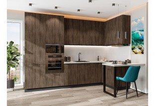Кухонный гарнитур Флэт-06 Brown Casella Oak 2S, Белый 320/135 см, столешница Пирит светлый