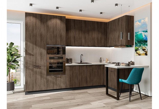 Кухонный гарнитур Флэт-06 Brown Casella Oak 2S, Белый 320/135 см, столешница Пирит светлый