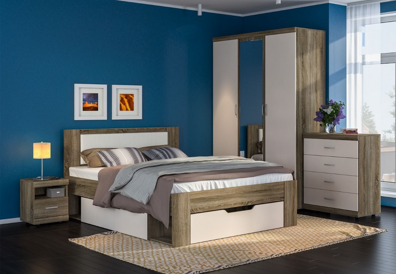 Кровать двуспальная с ящиком Монако 160 см дуб сонома трюфель/бежевый песок