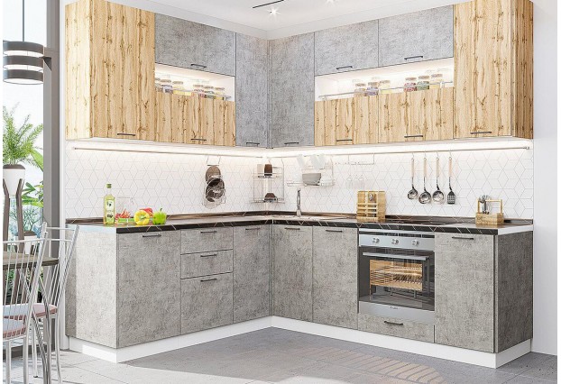 Кухонный гарнитур угловой Флэт-02 Wotan Oak 2S/Temple Stone 2S, Белый 170/239 см