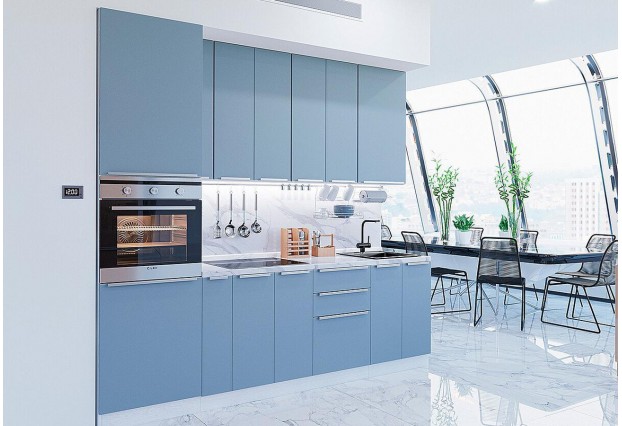 Кухонный гарнитур Фьюжн-03 Silky Blue, Белый 260 см