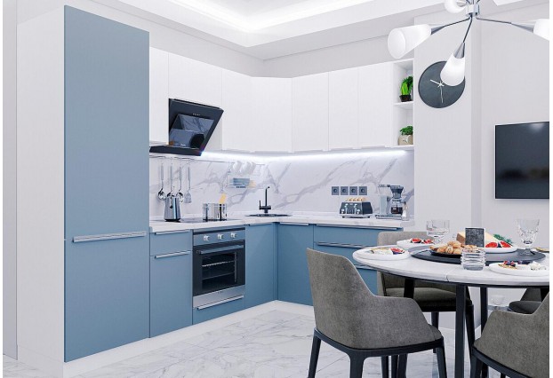 Кухонный гарнитур угловой Фьюжн-04 Silky Blue/Silky White, Белый 250/179 см