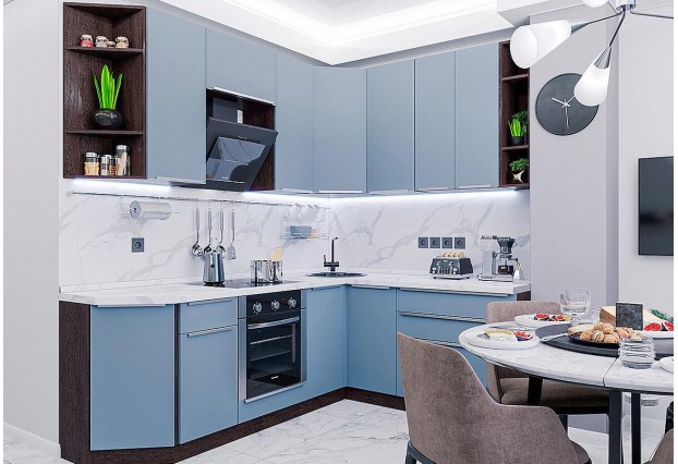 Кухонный гарнитур угловой Фьюжн-04 Silky Blue, Graphite серый 220/179 см
