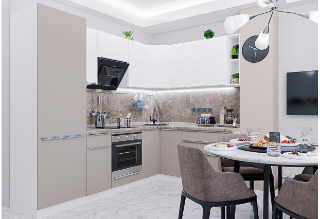 Кухонный гарнитур угловой Фьюжн-04 Silky Grey/Silky White, Белый 250/179 см