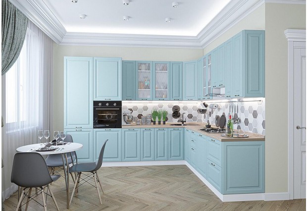 Кухонный гарнитур угловой Ницца-04 Голубой, Белый 320/270 см