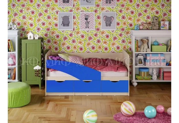 Кровать Бабочки 1,8*0,8м (Синий/Дуб Крафт Белый)