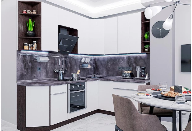 Кухонный гарнитур угловой Фьюжн-02 Silky White, Graphite серый 220/179 см
