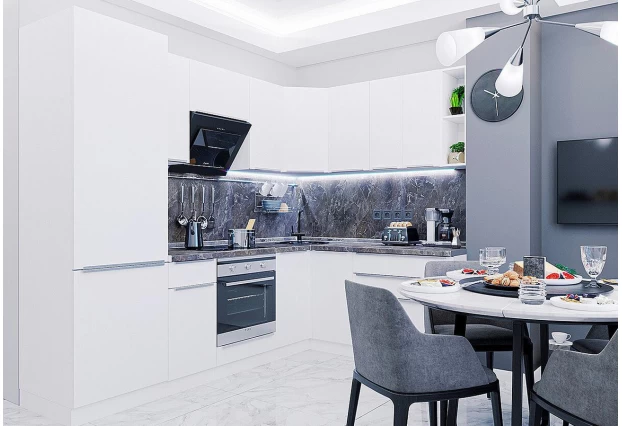 Кухонный гарнитур угловой Фьюжн-04 Silky White, Белый 250/179 см